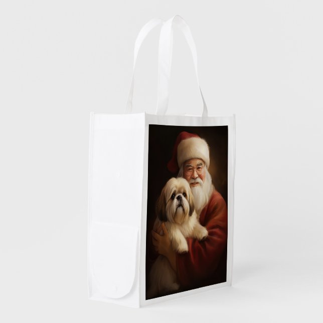 Lhasa Apso With Santa Claus Festive Christmas  Grocery Bag (Front Side)