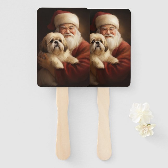 Lhasa Apso With Santa Claus Festive Christmas  Hand Fan (Front and Back)