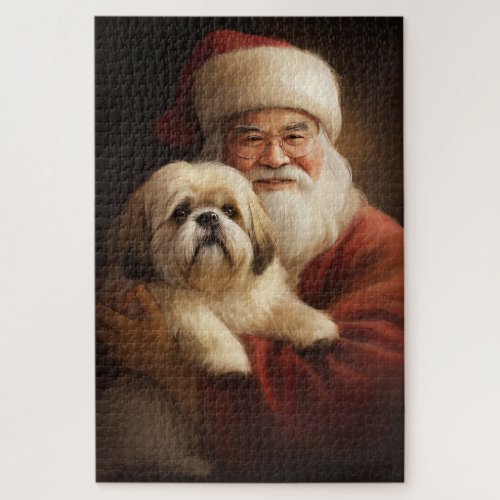 Lhasa Apso With Santa Claus Festive Christmas  Jigsaw Puzzle