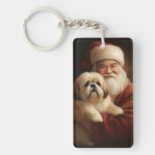 Lhasa Apso With Santa Claus Festive Christmas Keychain