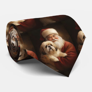 Lhasa Apso With Santa Claus Festive Christmas Neck Tie