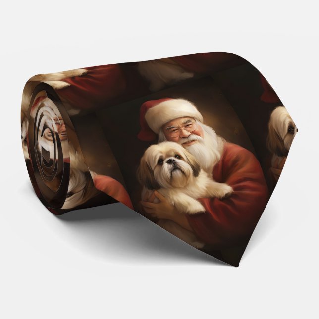 Lhasa Apso With Santa Claus Festive Christmas  Neck Tie (Rolled)