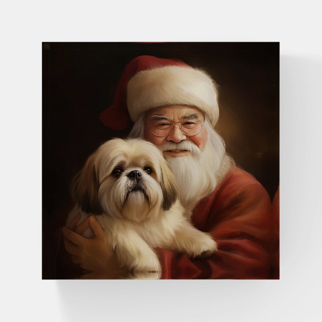 Lhasa Apso With Santa Claus Festive Christmas  Paperweight (Front)
