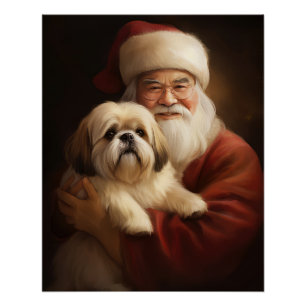 Lhasa Apso With Santa Claus Festive Christmas Poster