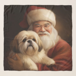 Lhasa Apso With Santa Claus Festive Christmas Scarf