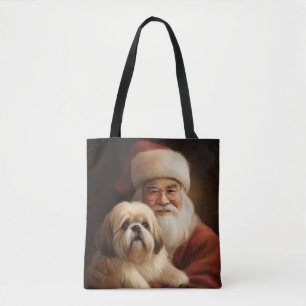Lhasa Apso With Santa Claus Festive Christmas Tote Bag