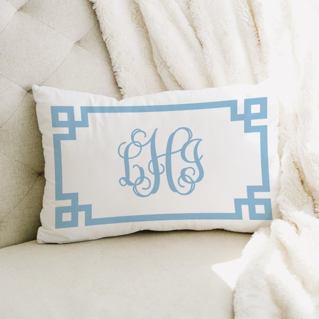 LHI Sky Blue Greek Key Script Monogram Lumbar Pillow (Creator Uploaded)