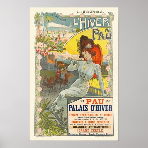 LHiver  Pau France Vintage Poster 1900