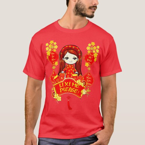 Li Xi Me Please Vietnamese Red Cute Ao Dai Girl Fl T_Shirt