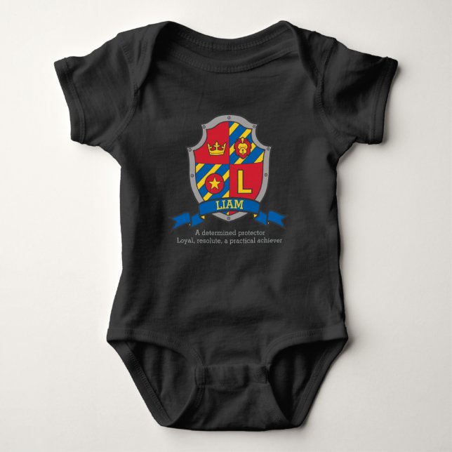 Liam name meaning crest knights shield baby bodysuit (Front)