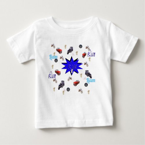 Liam Name With Cars Teddies And Motorbikes Baby T_Shirt