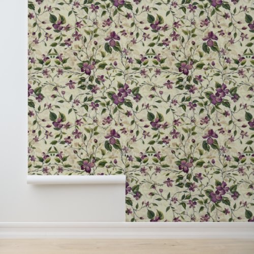 Liana plant pattern with purple Clematis blossom Wallpaper