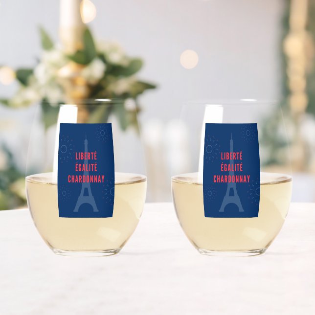 Liberté Égalité Chardonnay Funny Eiffel Tower Wine Stemless Wine Glass (Insitu (Wedding))