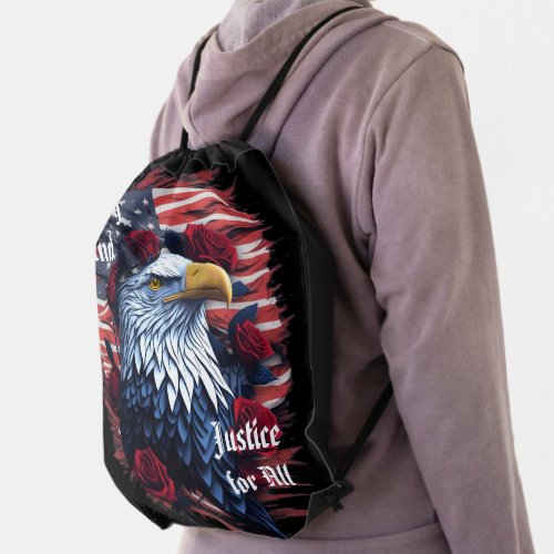 Liberty and Justice USA Flag Eagle and Roses  Drawstring Bag