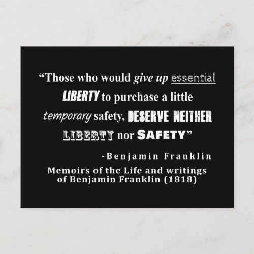 Liberty and Security Benjamin Franklin Quote White Postcard