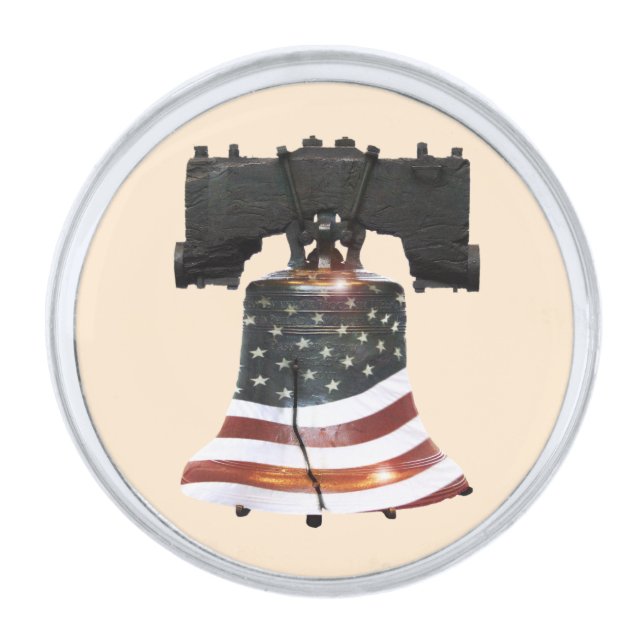 Liberty Bell with American Flag Silver Finish Lapel Pin (Front)