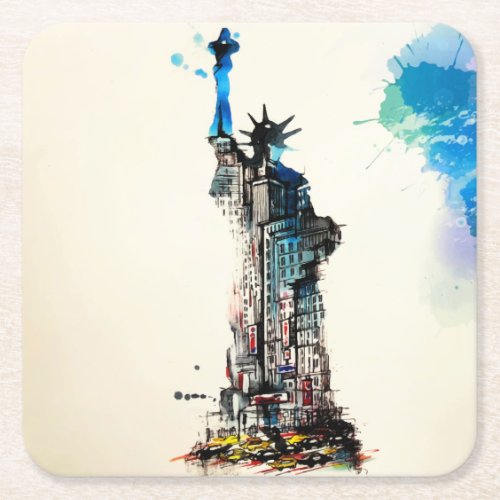 Liberty New York City Travel Love Watercolor Square Paper Coaster