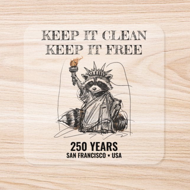 Liberty Raccoon 1776–2026 250 Years Cleanup Square Sticker (Single)