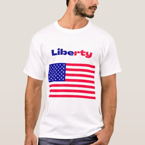 Liberty Reigns Proudly Wearing the Red and blue  T_Shirt
