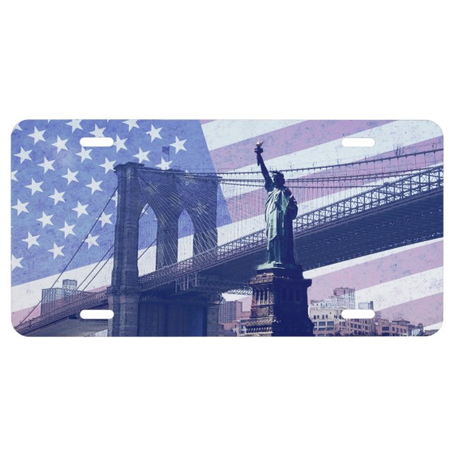 liberty statue USA flag and brooklyn bridge License Plate (Front)