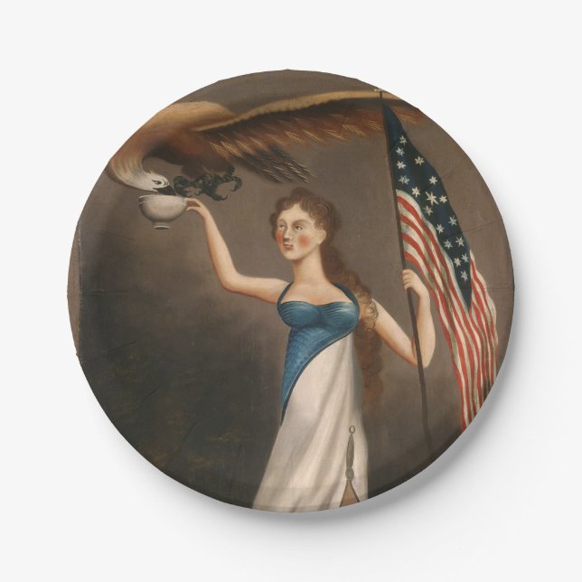 Liberty Woman Eagle American Flag USA Oil Painting Paper Plates (Front)
