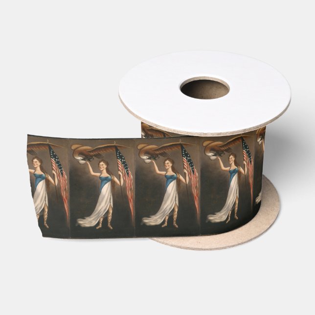 Liberty Woman Eagle American Flag USA Oil Painting Satin Ribbon (Spool)