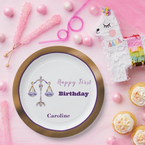 Libra 1st Birthday Gold & Purple Artistic Paper Plates