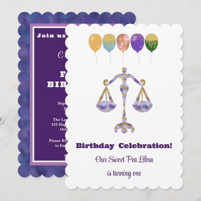 Libra 1st Birthday Impressionist Gold Glitte Invitation (Front/Back)