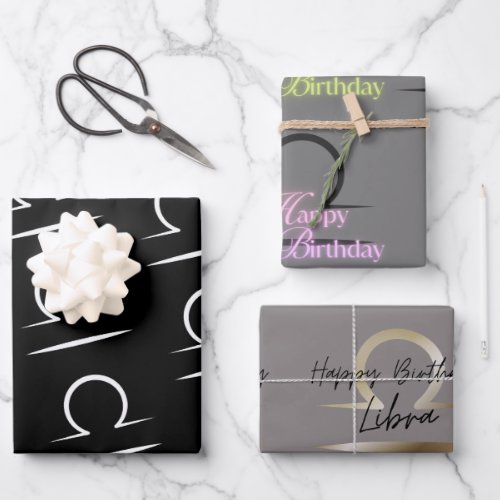Libra Birthday GreyBlack Wrapping Paper Sheets