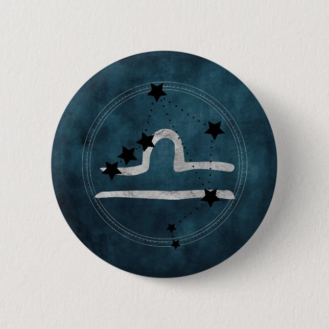 Libra black & silver zodiac constellation teal button (Front)