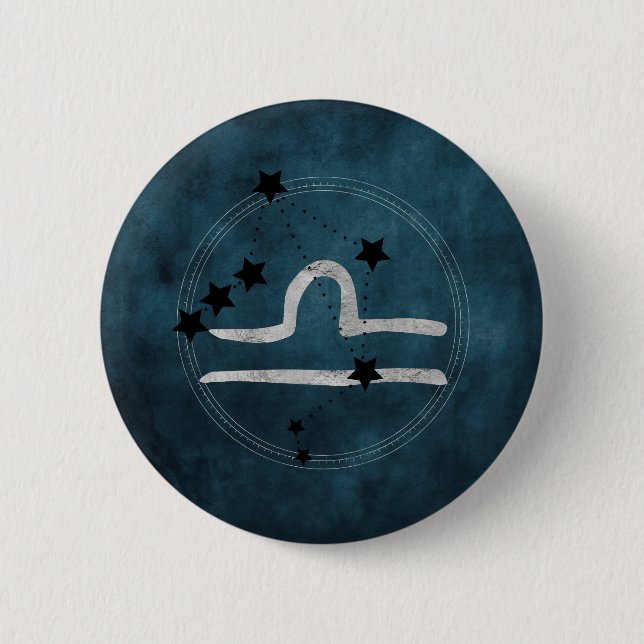 Libra black & silver zodiac constellation teal  button (Front)