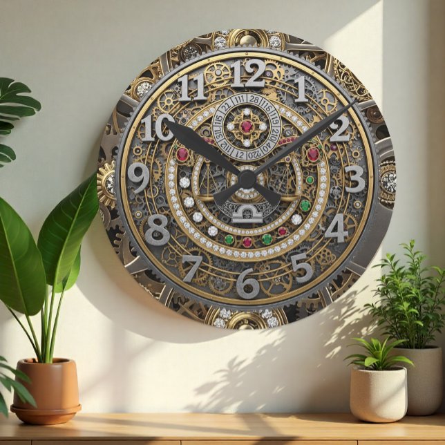 Libra Clock, Zodiac, Steampunk, gems, vintage Round Clock (Libra - Zodiac Sign Wall Clock)
