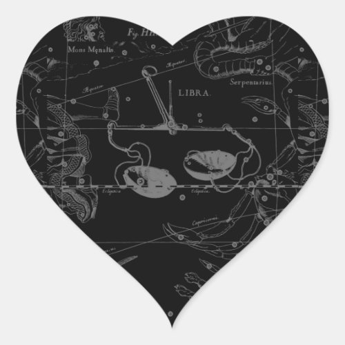 Libra Constellation Hevelius 1690 Map on Black Heart Sticker