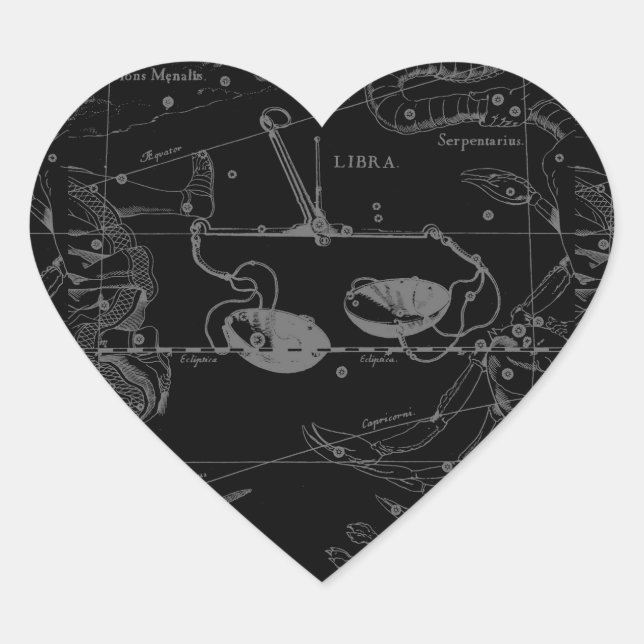 Libra Constellation Hevelius 1690 Map on Black Heart Sticker (Front)