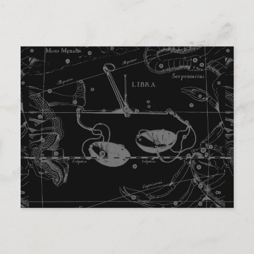 Libra Constellation Hevelius 1690 Map on Black Postcard