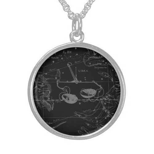 Libra Constellation Hevelius 1690 Map on Black Sterling Silver Necklace