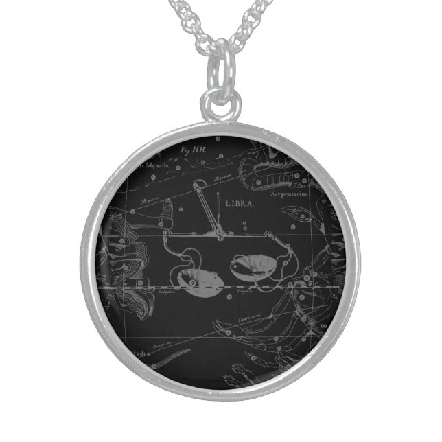 Libra Constellation Hevelius 1690 Map on Black Sterling Silver Necklace (Front)
