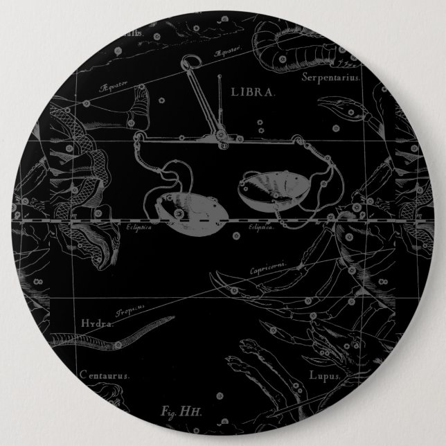 Libra Constellation Map Hevelius 1690 on Black Pinback Button (Front)