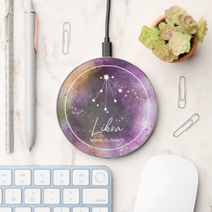 Libra Constellation Zodiac Sign Purple Galaxy Wireless Charger
