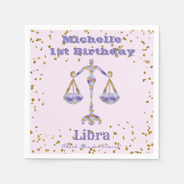 Libra First Birthday & Gold Confetti  Napkins (Front)