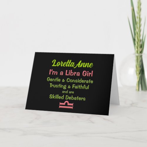 Libra Girl Pink Green and Black Blank Note Card