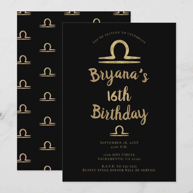 LIBRA Gold September October Birthday Astrology Invitation (Front/Back)