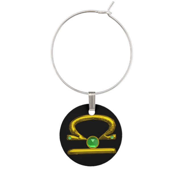 LIBRA GOLD ZODIAC BIRTHDAY JEWEL EMERALD Black Wine Charm (Front)