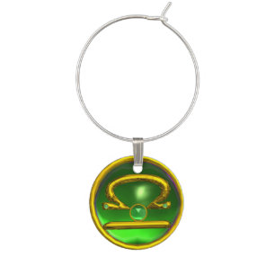 LIBRA GOLD ZODIAC BIRTHDAY JEWEL EMERALD Black Wine Glass Charm