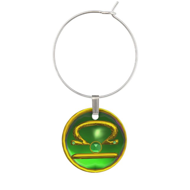 LIBRA GOLD ZODIAC BIRTHDAY JEWEL EMERALD Black Wine Glass Charm (Front)
