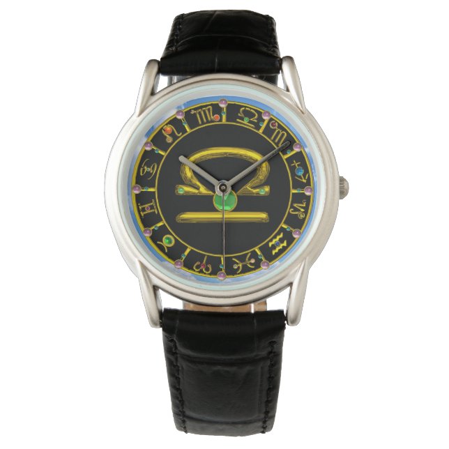LIBRA GOLD ZODIAC BIRTHDAY JEWEL,Green ,Black Watch (Front)