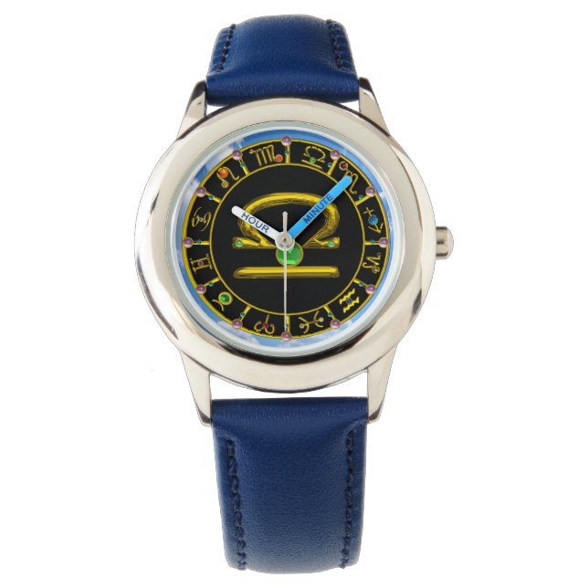LIBRA GOLD ZODIAC BIRTHDAY JEWEL,Green ,Black Watch (Front)
