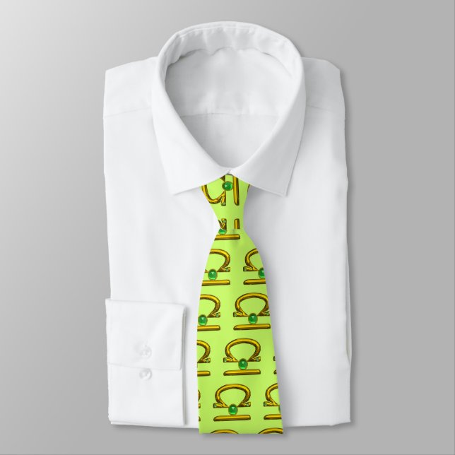 LIBRA GOLD  ZODIAC BIRTHDAY JEWEL GREEN EMERALD NECK TIE (Tied)
