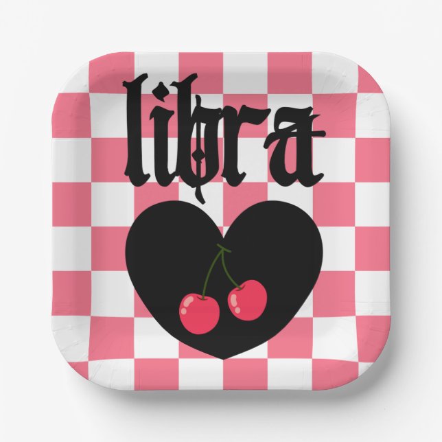 Libra Gothic Aesthetic Checkered Cherry Art Paper Plates (Front)