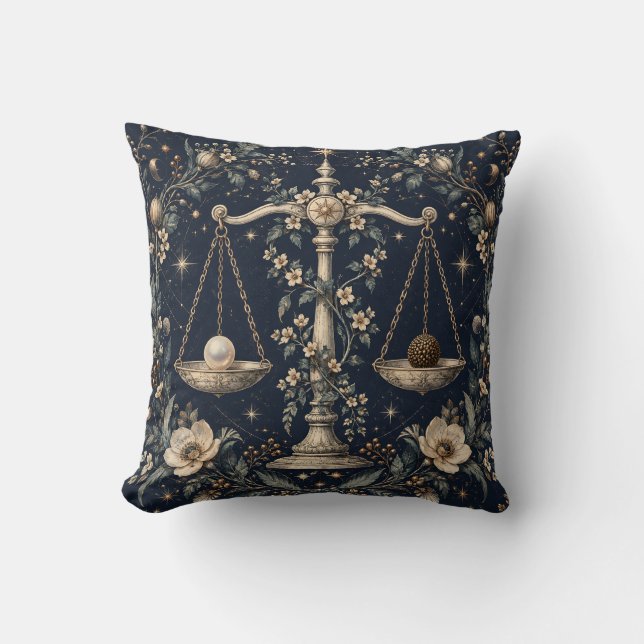 Libra Midnight Botanical Engraving Throw Pillow (Front)